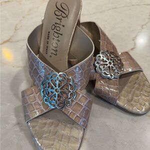 Brighton Taupe Croc-Embossed Slide Sandals with Silver Medallion